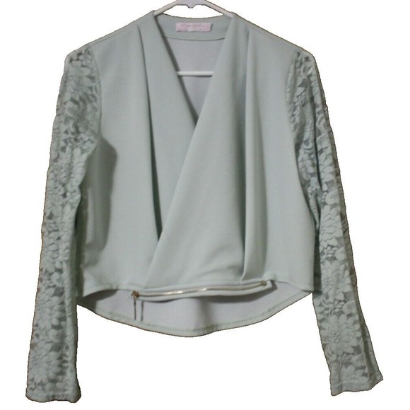Women's Yingxi Jacket Blouse Sz L Mint Green Lace LS Zipper Detail Unique GUC - Picture 1 of 7